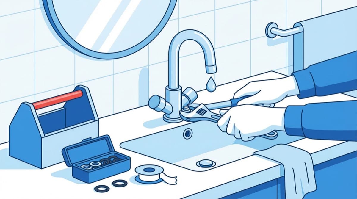 Modern bathroom vanity and tile floor after a budget renovation