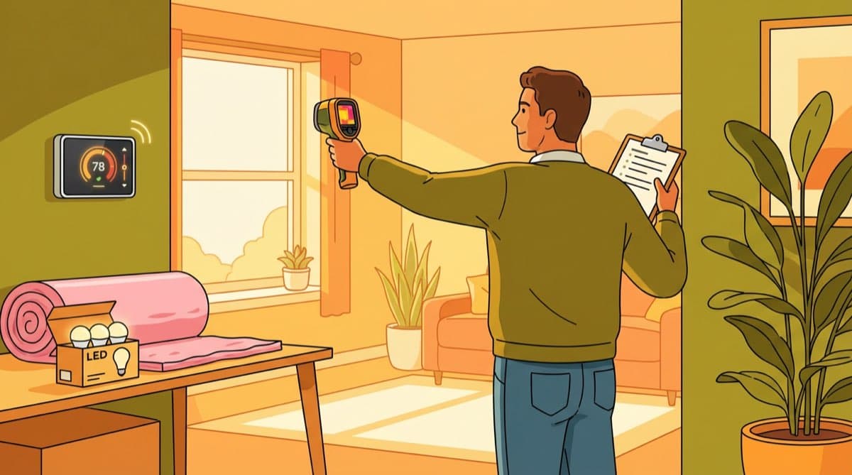 Homeowner using an infrared thermometer to check windows for air leaks during a DIY energy audit