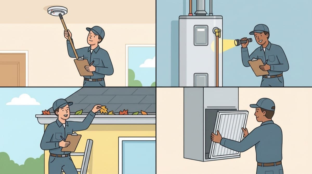 Seasonal home maintenance tasks including smoke detector testing, water heater inspection, gutter cleaning, and HVAC filter replacement