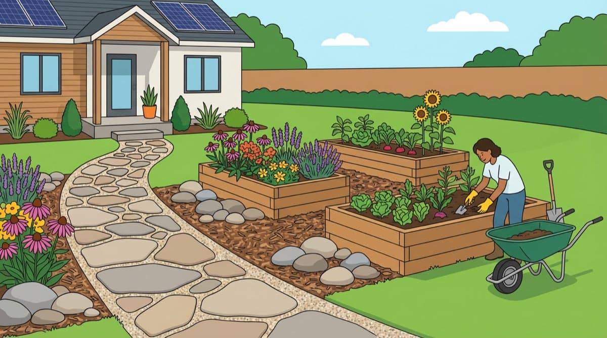 Completed backyard deck with pressure-treated lumber and railing