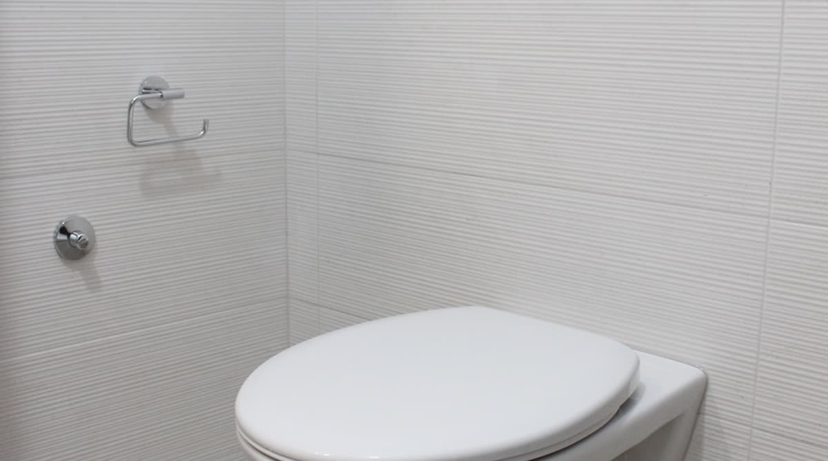 Inside of toilet tank showing flapper valve and fill valve components