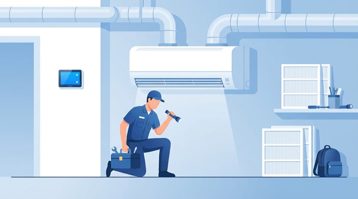 HVAC technician inspecting a wall-mounted air conditioning unit with flashlight and toolbox