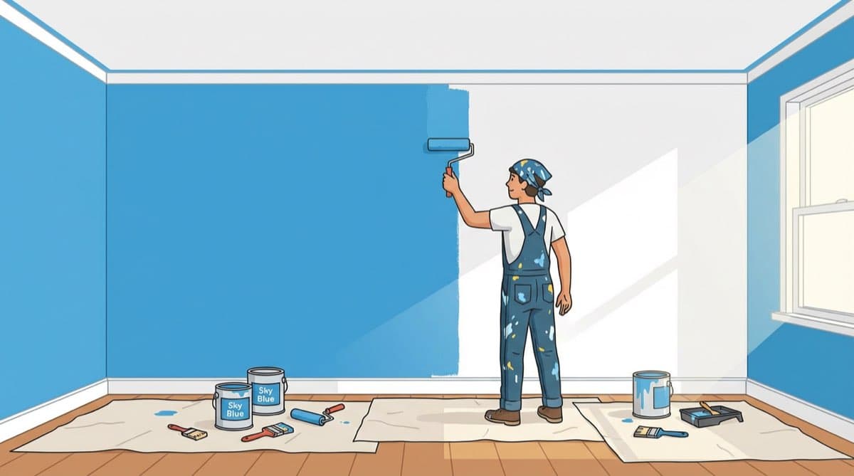 DIY painter rolling sky blue paint onto a room wall with drop cloth and paint cans on the floor
