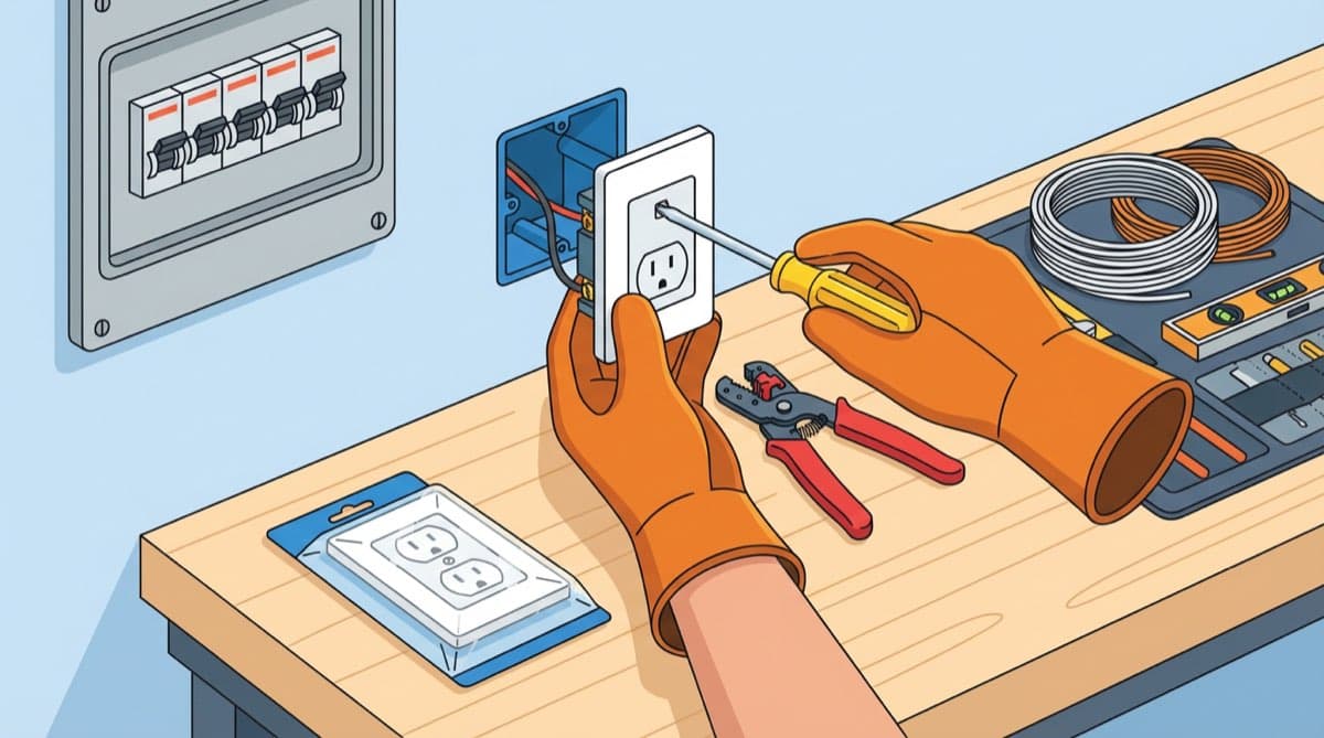 Gloved hands replacing a duplex electrical outlet with wire strippers and breaker panel nearby